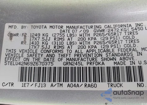 2009 Toyota Tacoma Base V6 from USA, damaged, VIN 5TELU42N69Z670375